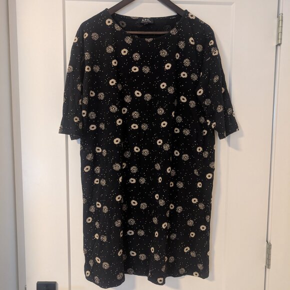 A.P.C. Rue Madame Paris Black Floral Cotton T Shirt Dress Lagenlook Galaxy - Picture 3 of 8